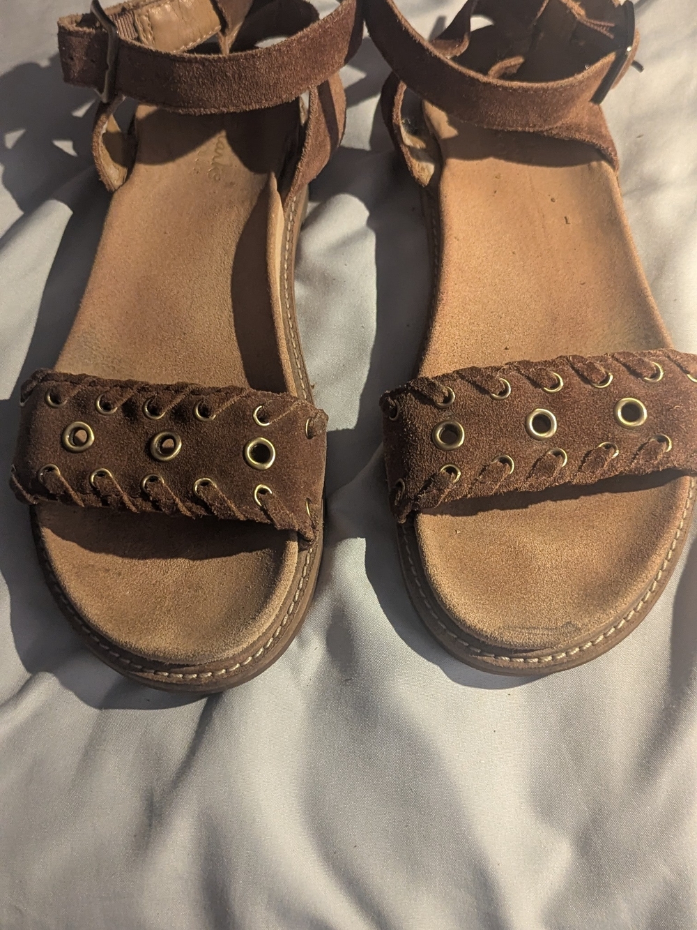 Brown Suede Eyelet Strap Sandals